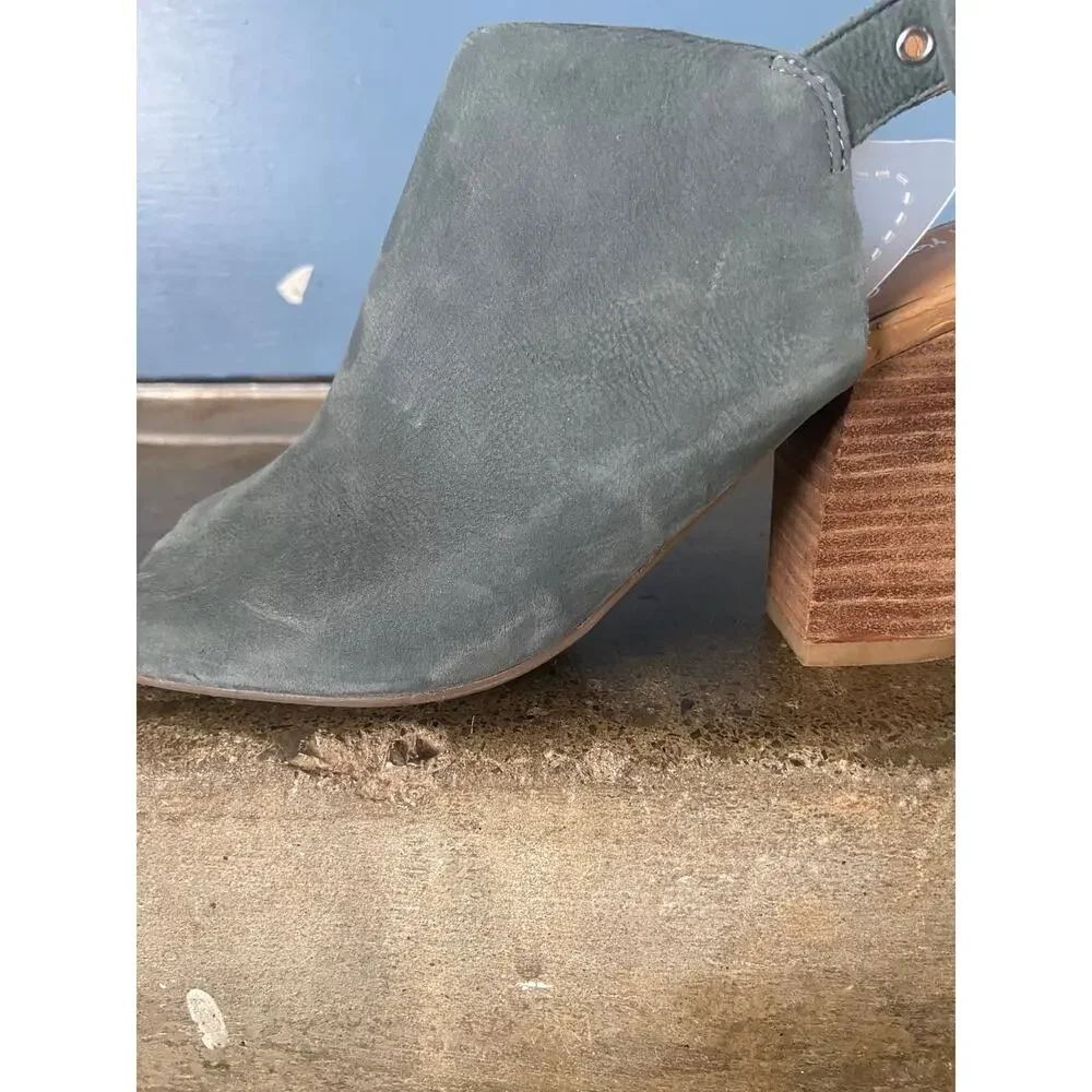 Franco Sarto Monogram denim blue nubuck leather peep toe sandal w/ block heel